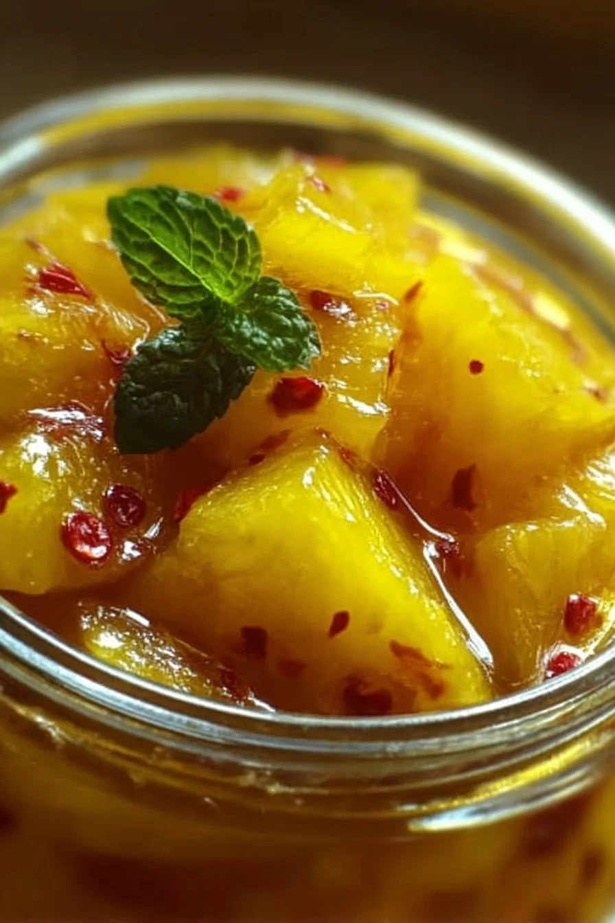 Sweet and spicy Pineapple Cowboy Candy in a jar, a tasty homemade treat.