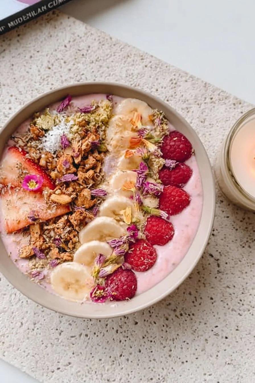 Pink raspberry smoothie bowl topped with fresh fruits and coconut flakes
