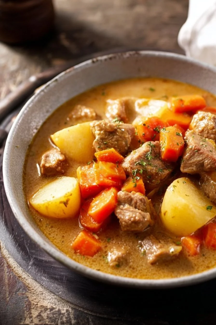 Pork Stew 5 Delicious bowl of homemade Pork Stew with fresh vegetables and herbs