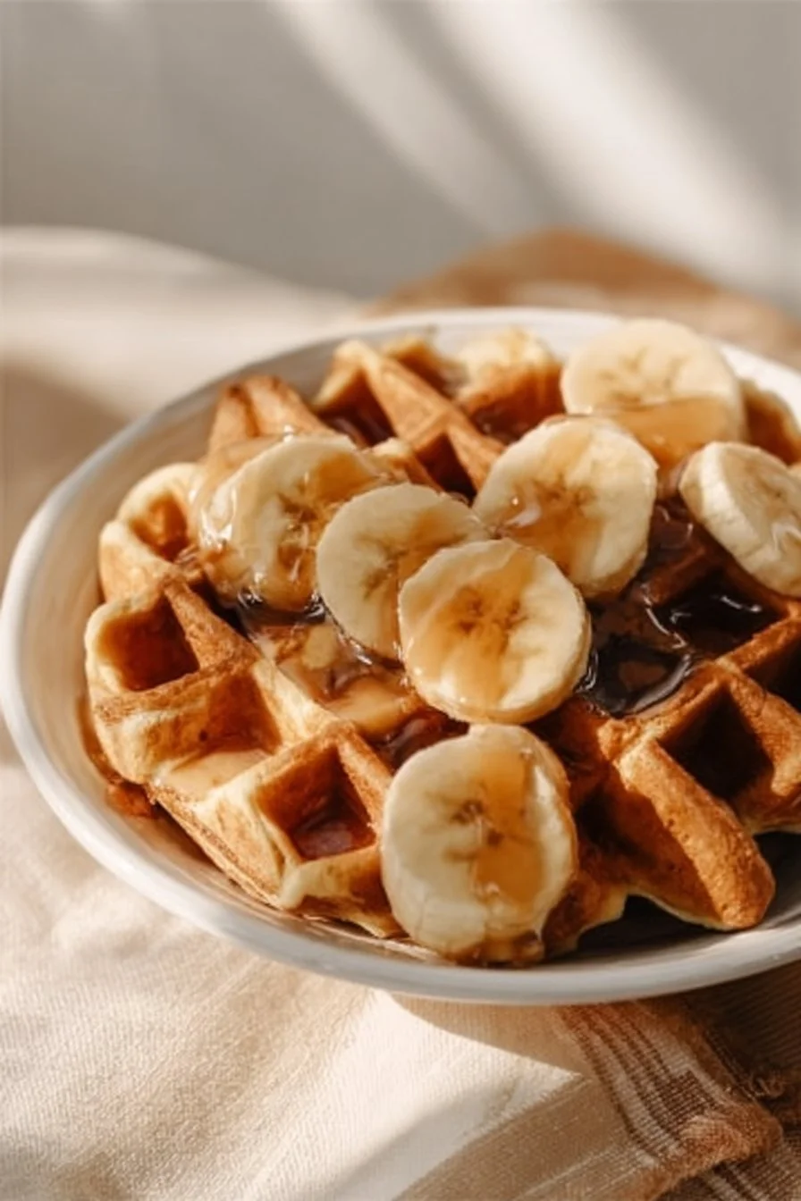 Delicious homemade protein waffles stacked with fresh fruits and syrup.