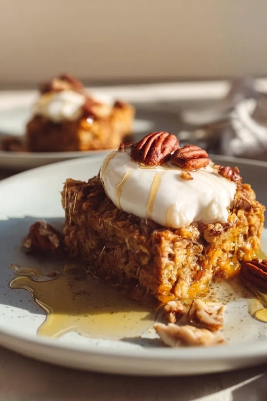 Serving of pumpkin baked oatmeal topped with nuts and spices in a bowl