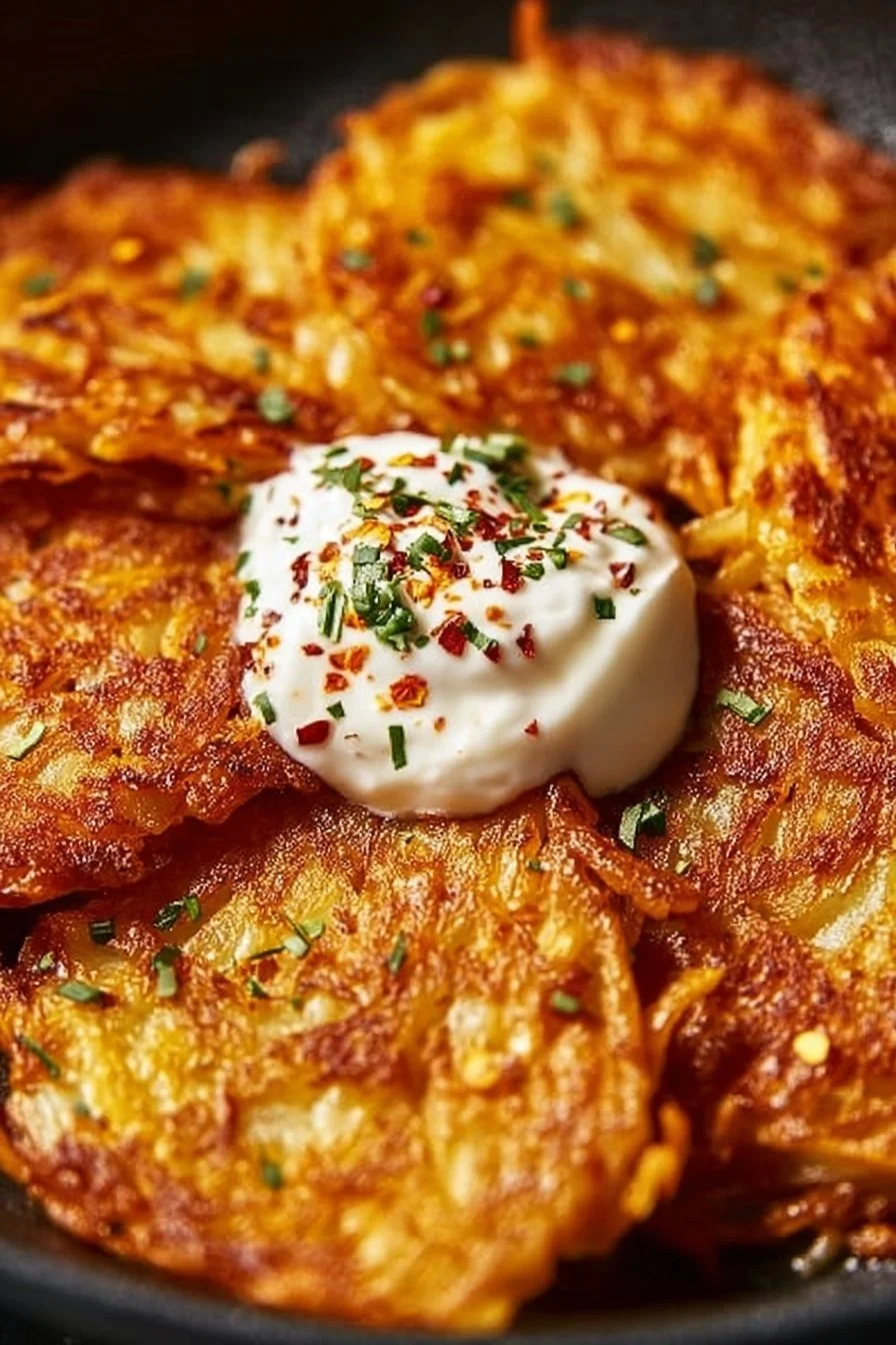 Golden crispy hash browns served on a plate for breakfast