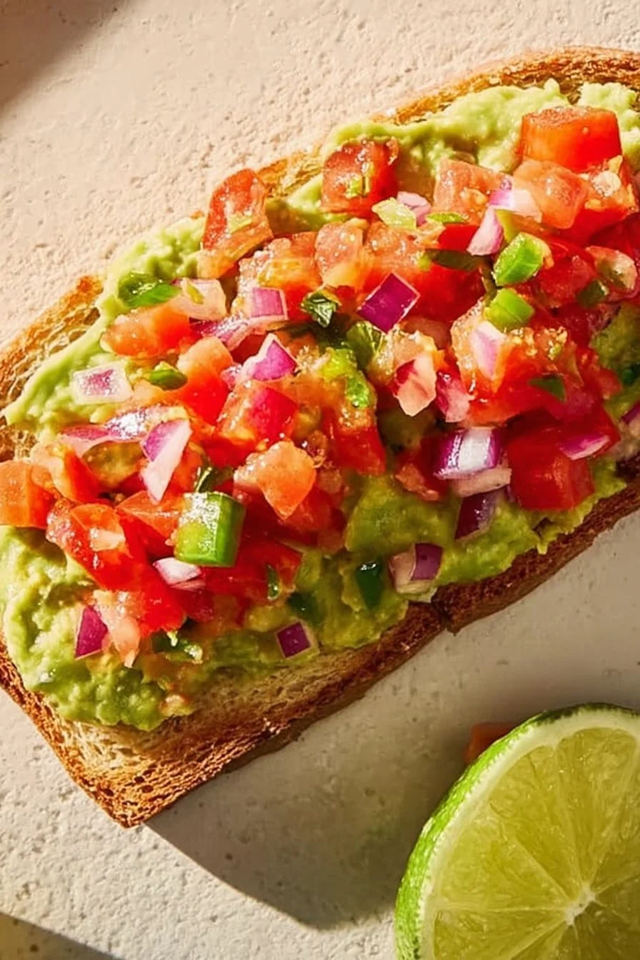 Salsa-Topped Avocado Toast 5 Delicious salsa-topped avocado toast on a rustic wooden table