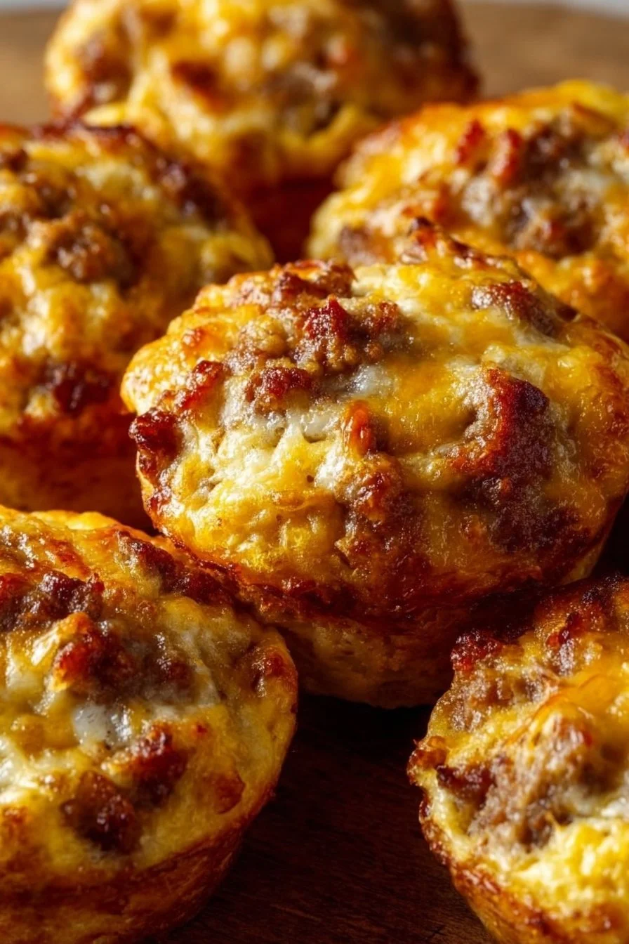 Sausage Breakfast Muffins 4 Freshly baked Sausage Breakfast Muffins on a wooden table