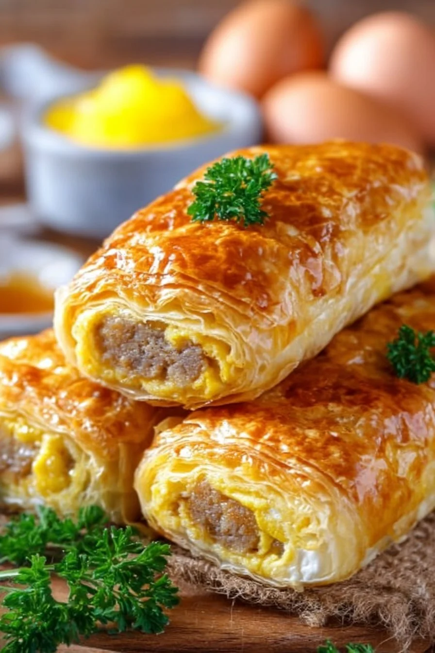 Sausage egg breakfast roll-ups served on a plate with fresh herbs