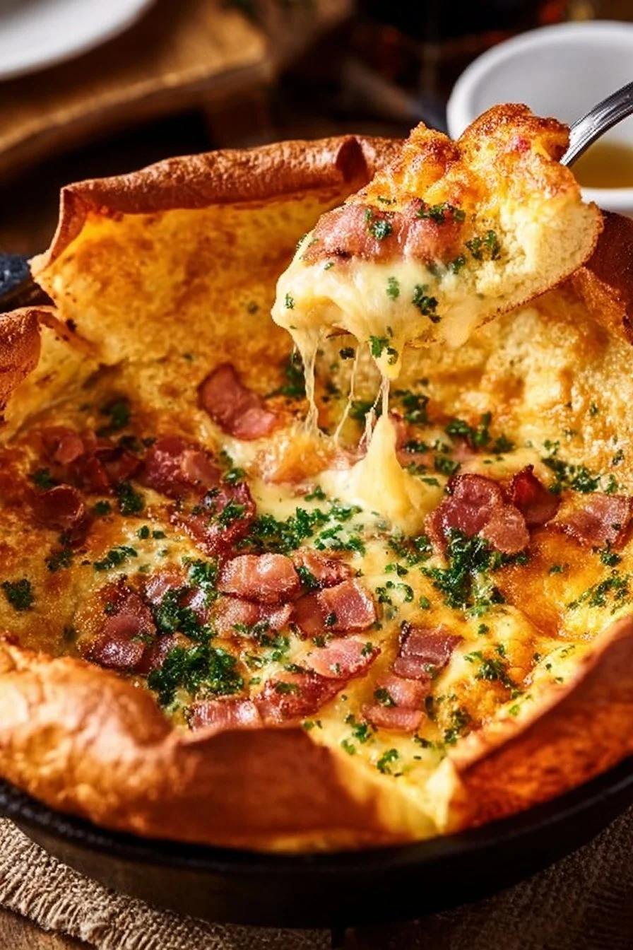 Savory Cheddar Bacon Dutch Baby baked with crispy bacon and melted cheese.
