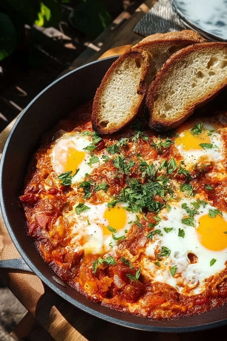 Delicious Shakshuka served in a skillet with eggs, tomatoes, and spices