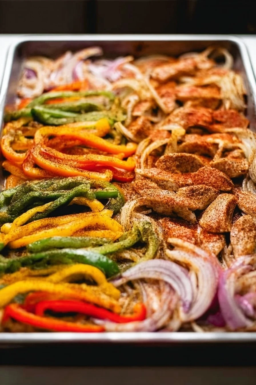 Colorful sheet pan chicken fajitas with bell peppers and onions
