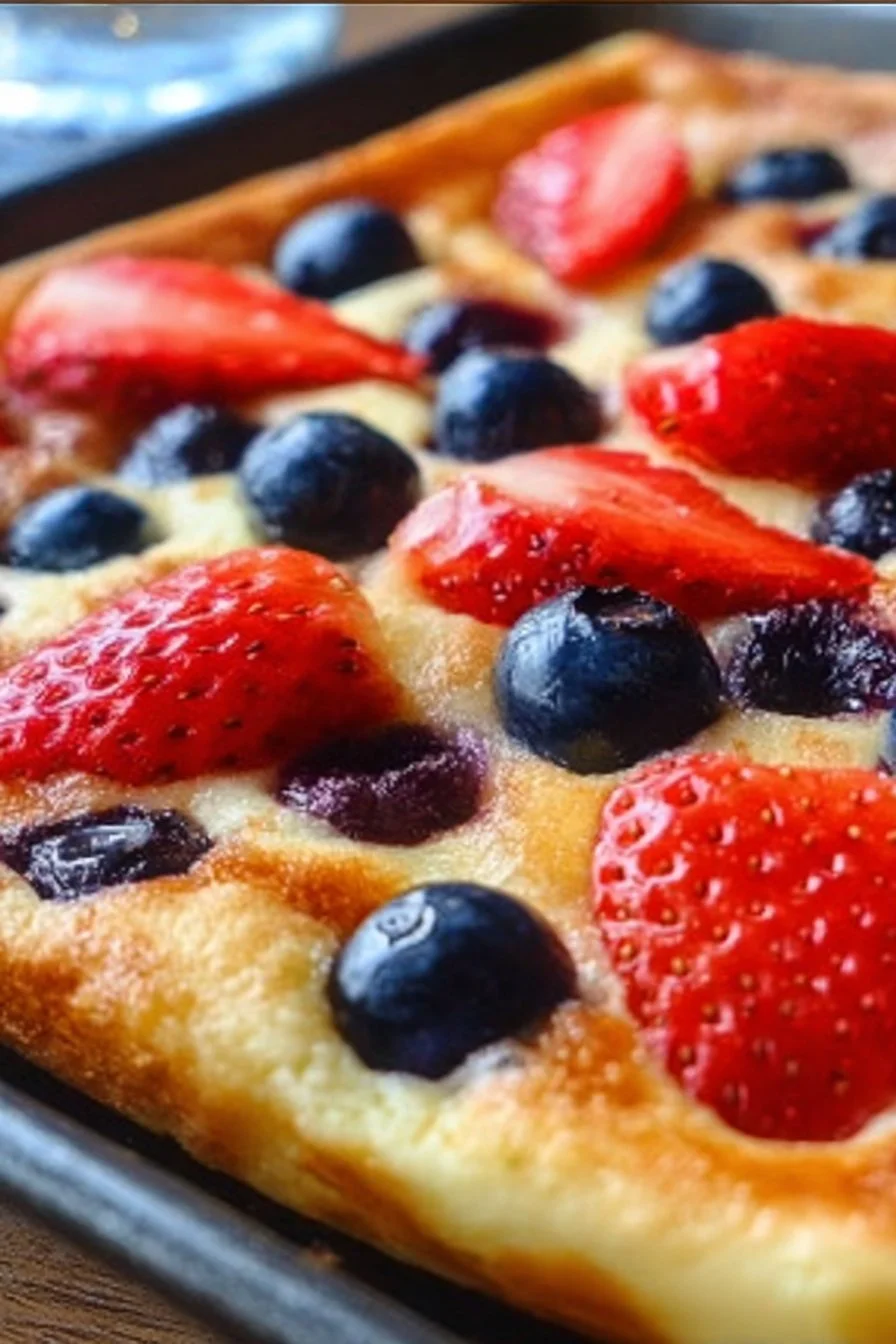 Delicious sheet pan pancakes served warm with syrup and berries