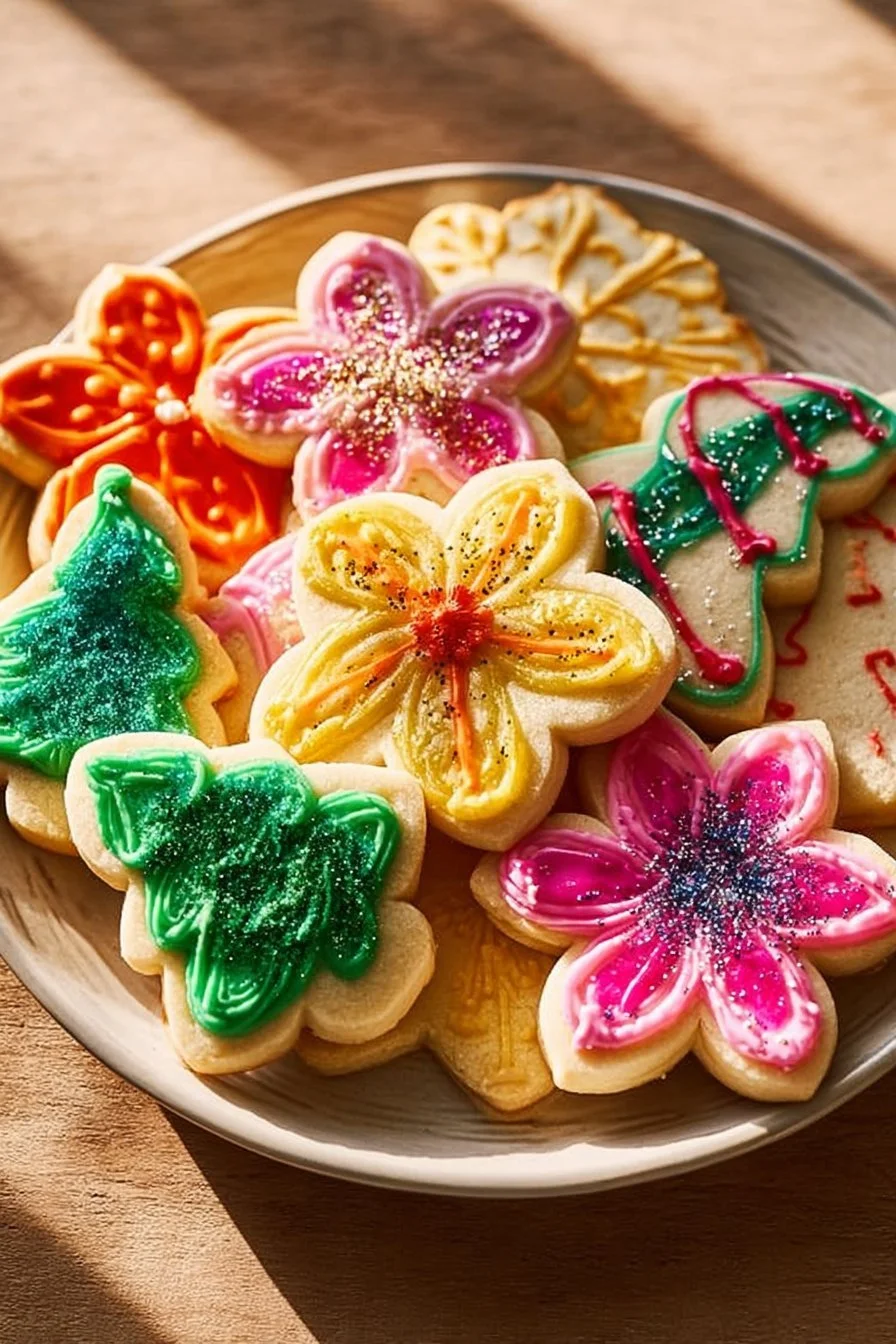 Simple and colorful Christmas cookie icing spread on festive holiday cookies