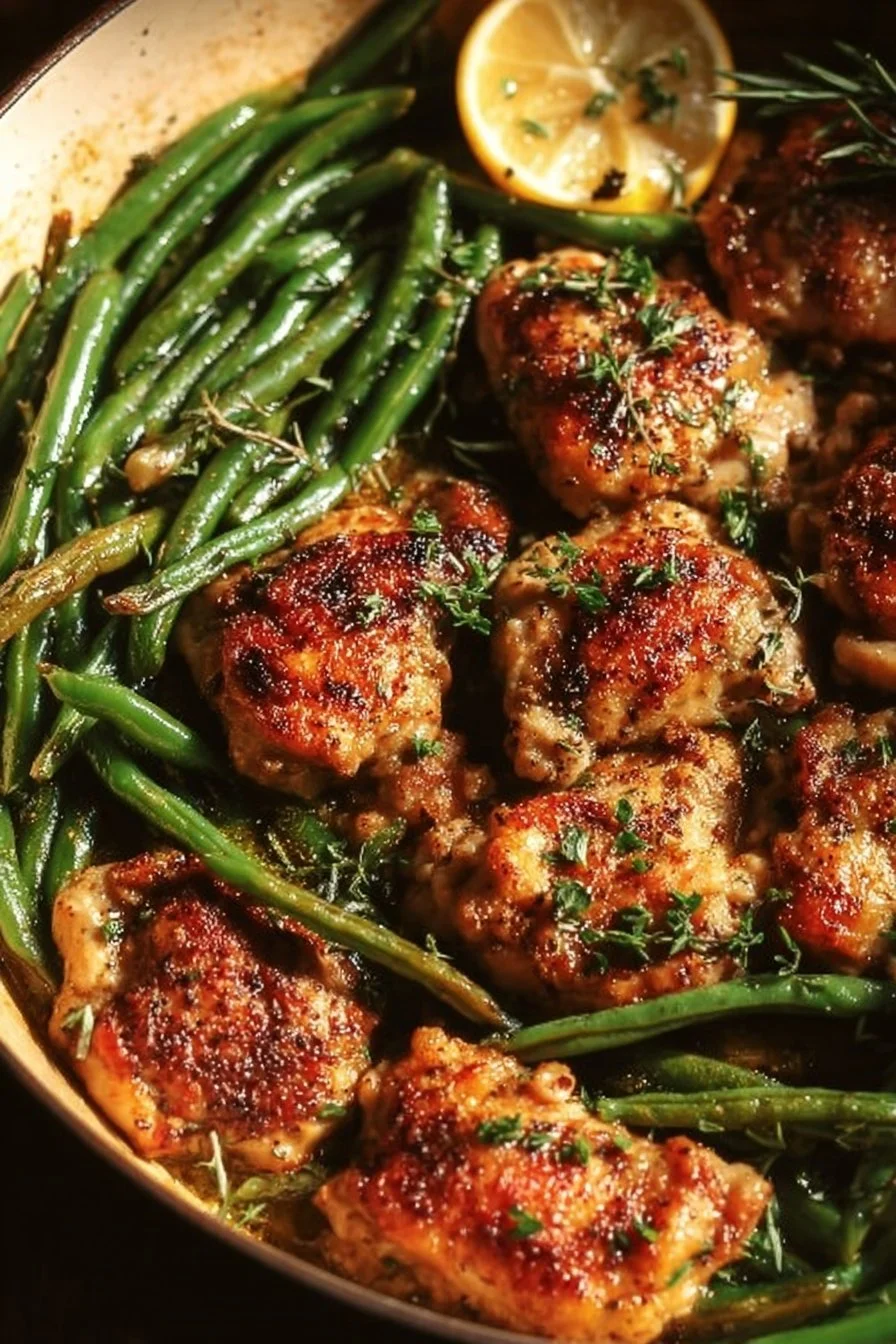 Skillet garlic butter chicken served with green beans on a plate.