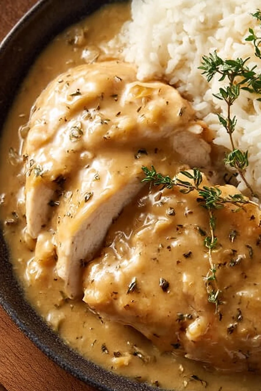 Slow Cooker Chicken and Gravy 4 Slow cooker chicken and gravy served on a plate with mashed potatoes.