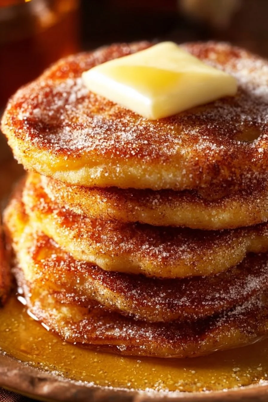 Delicious churro pancakes topped with cinnamon and sugar