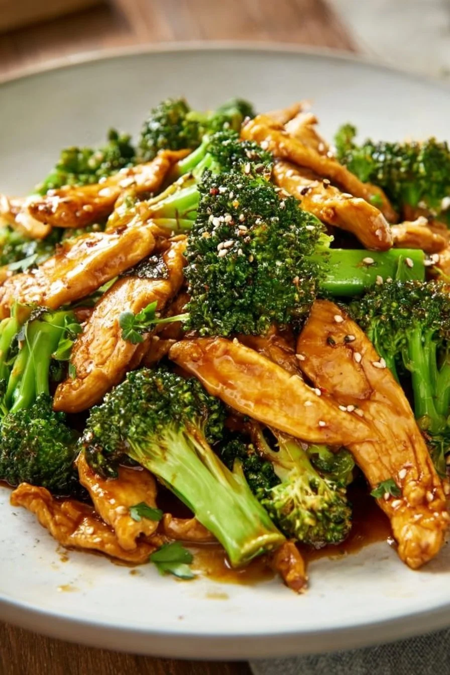 Delicious stir-fried chicken with broccoli on a plate