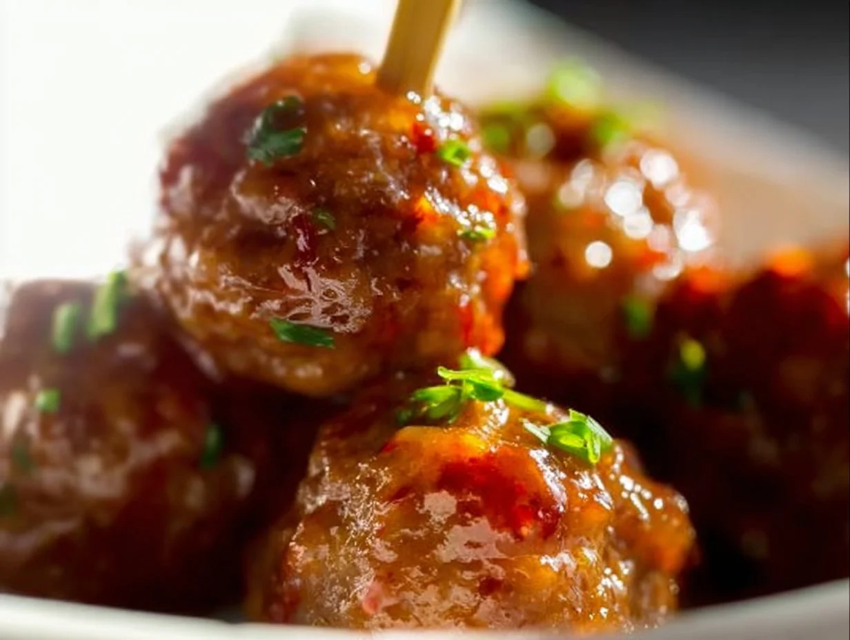 Plate of Sweet Chili Meatballs garnished with herbs