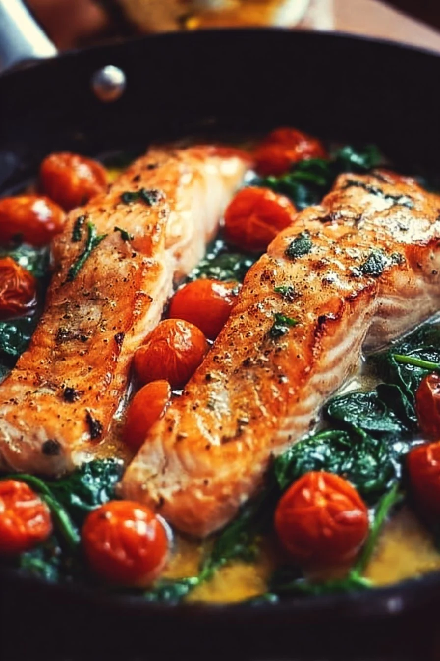 Delicious Tuscan Garlic Butter Salmon topped with herbs and served on a plate.