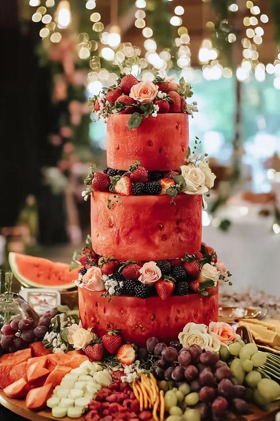 A vibrant watermelon berry cake topped with fresh fruit and cream, perfect for summer.
