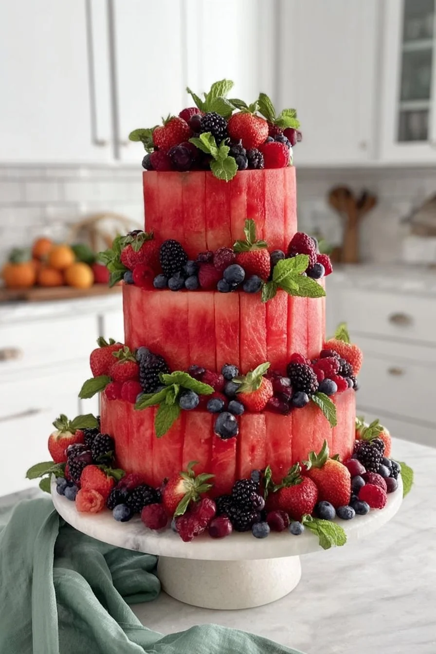 Watermelon Cake 5 Deliciously layered Watermelon Cake decorated with fresh fruit slices