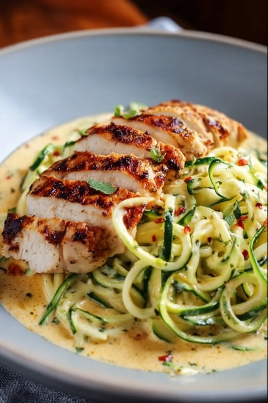 Zucchini Noodle Chicken Alfredo served on a plate with fresh herbs