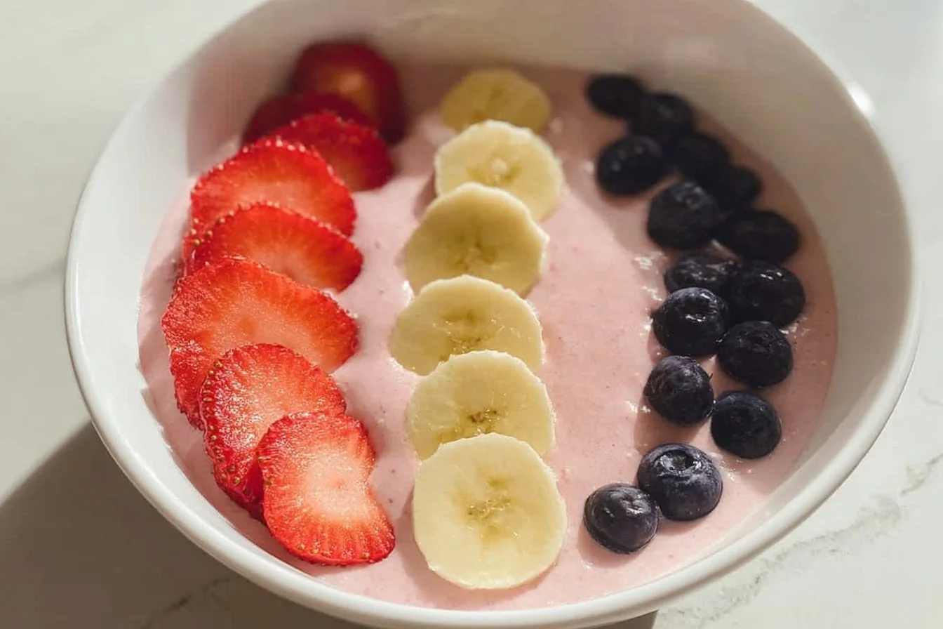 5-Minute Fruit Smoothie Bowl with Greek Yogurt 4 Delicious fruit smoothie bowl topped with Greek yogurt and fresh fruits