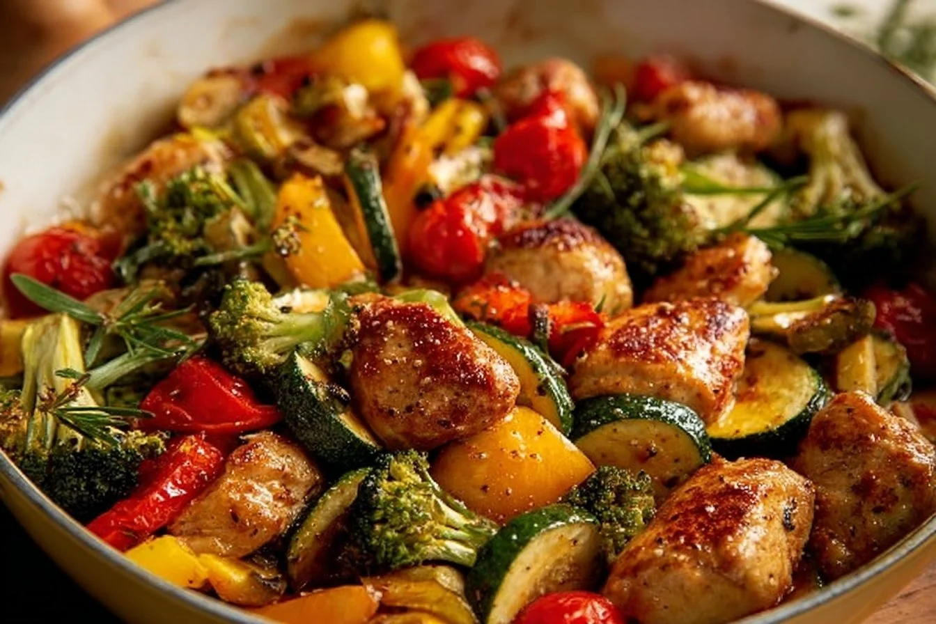 Air Fryer Chicken Breasts with colorful vegetables on a plate