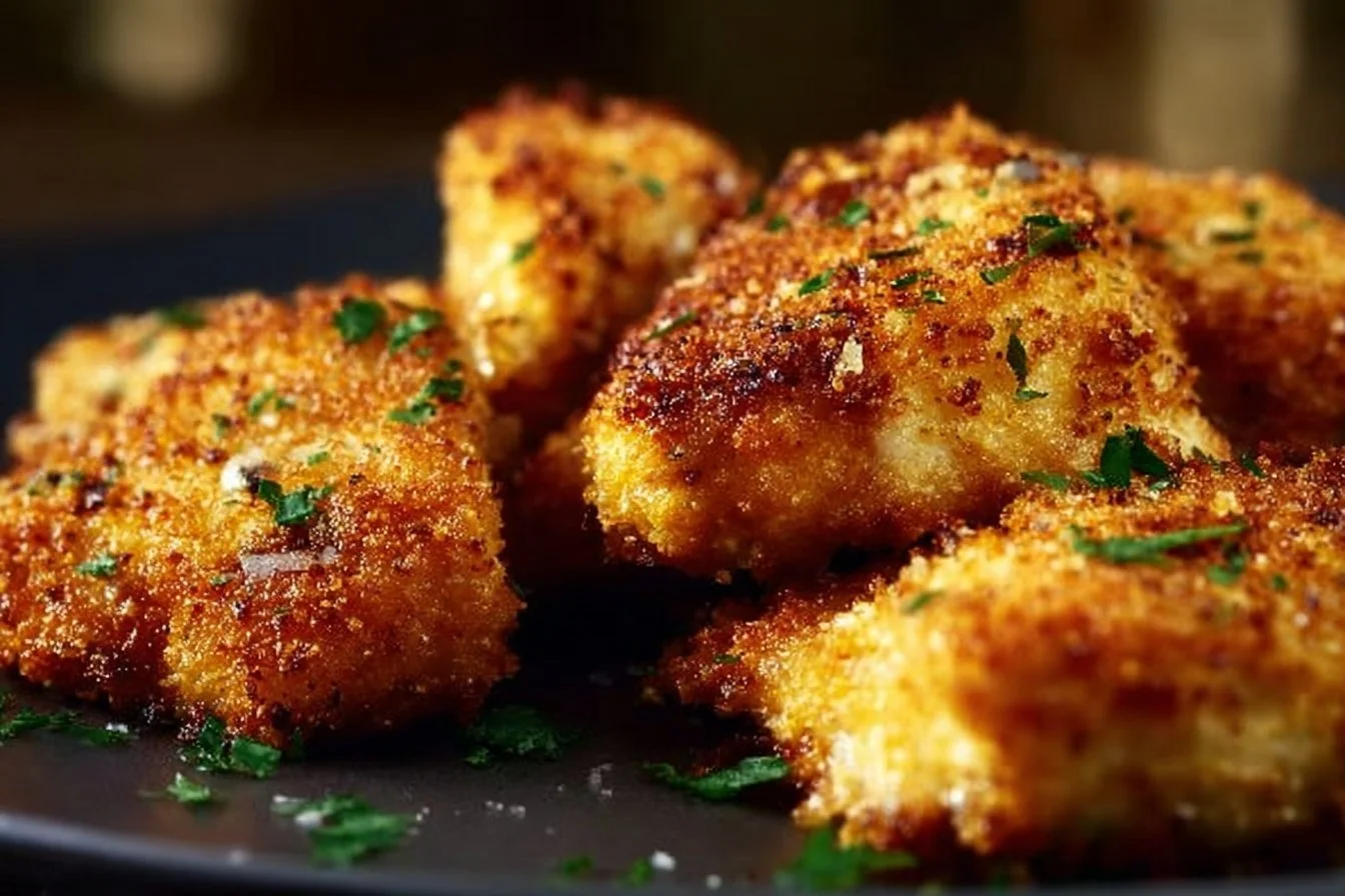 Crispy Air Fryer Parmesan crusted chicken breast garnished with herbs.