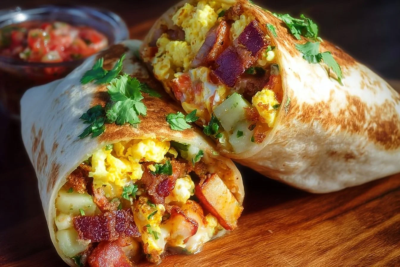 Delicious homemade breakfast burritos with eggs, cheese, and fresh toppings