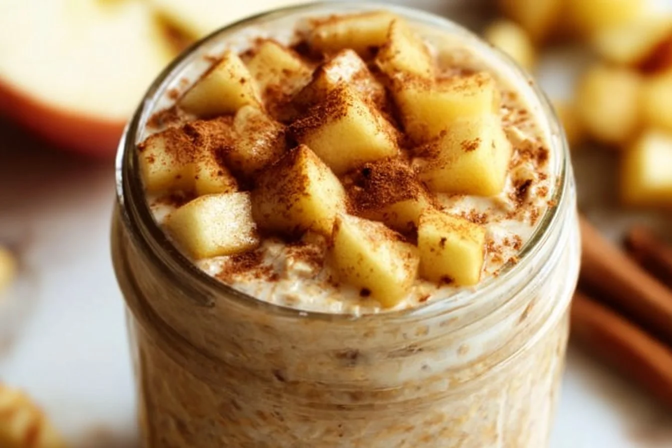 Apple Cinnamon Overnight Oats 4 Bowl of apple cinnamon overnight oats garnished with apple slices and cinnamon.