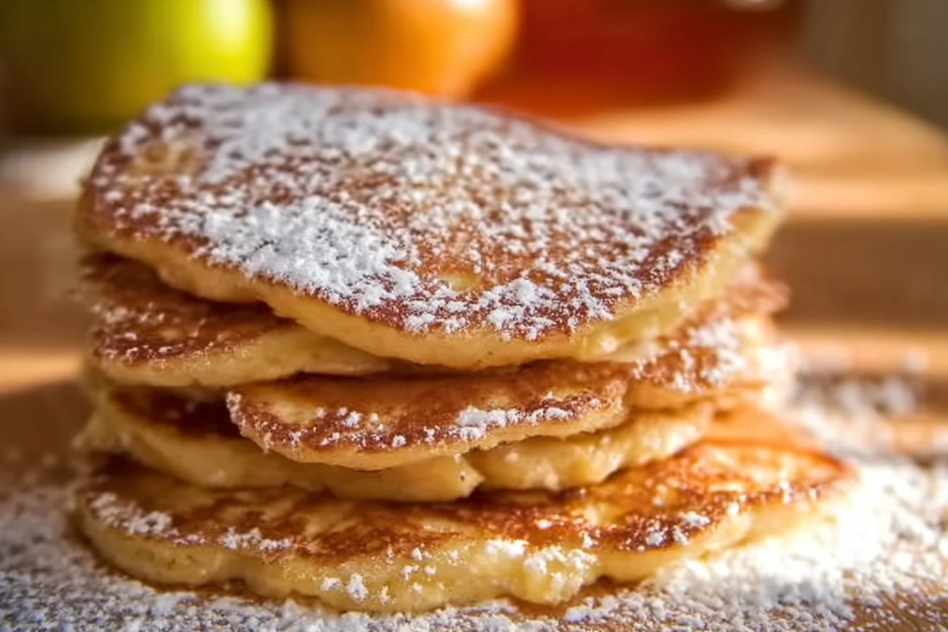 Apple Yogurt Pancakes 4 Fluffy apple yogurt pancakes topped with fresh apple slices and syrup.