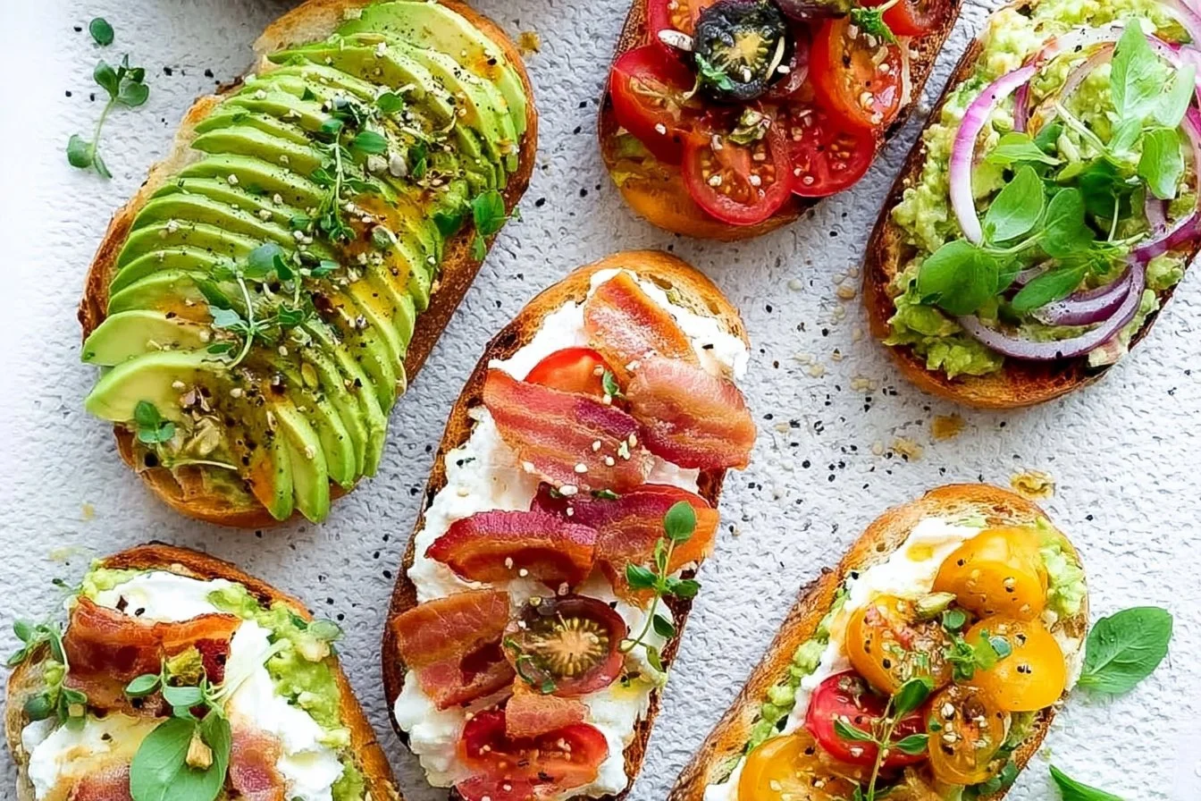 Avocado Toast 4 Delicious avocado toast topped with cherry tomatoes and radish slices.