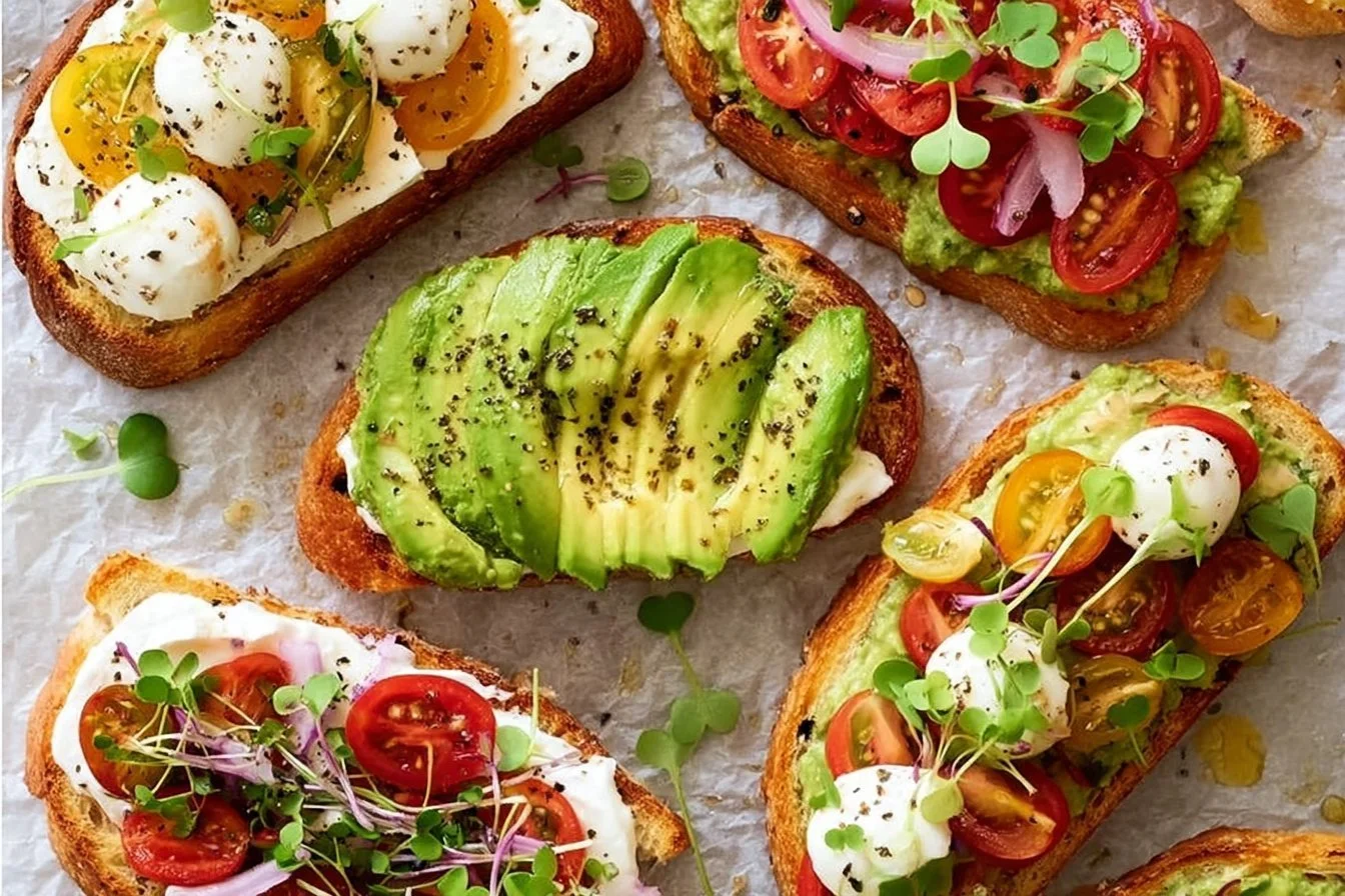 Avocado Toast 4 Delicious avocado toast with toppings on a rustic wooden table