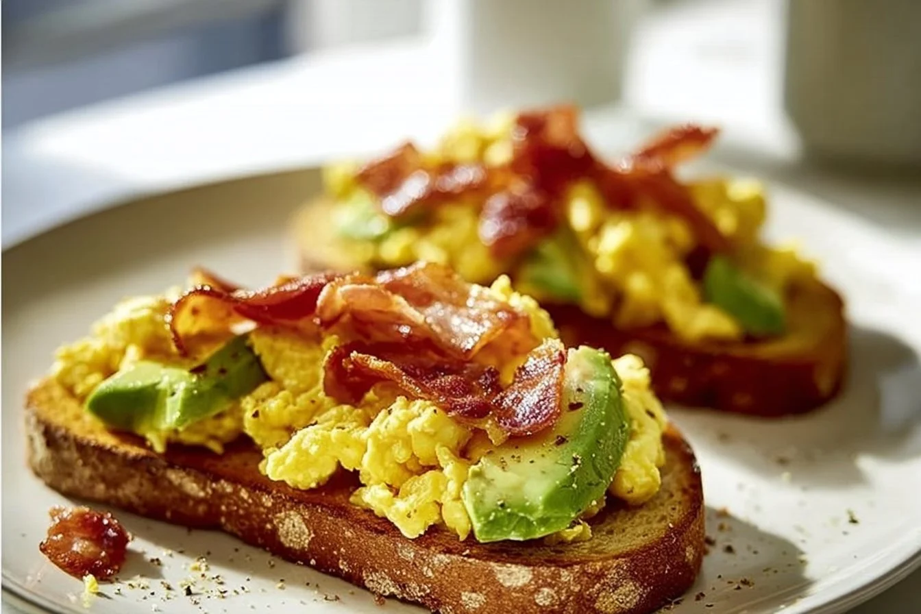 Avocado Toast with Bacon and Egg 4 Avocado Toast topped with crispy bacon and a fried egg.