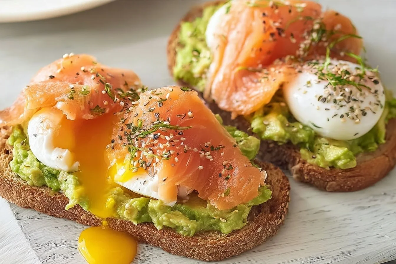Avocado toast with smoked salmon and poached eggs garnished with herbs