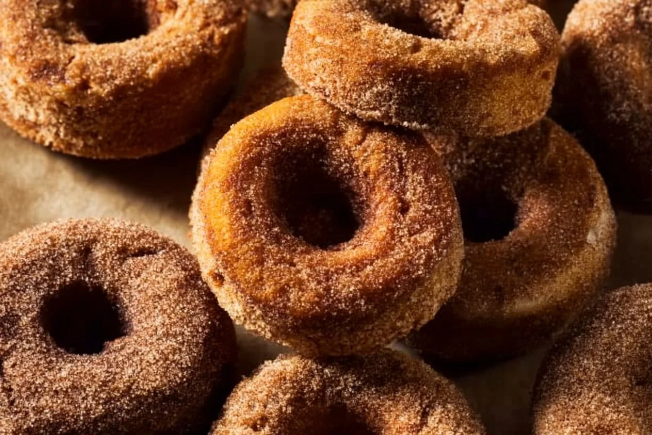 Baked apple cider donuts fresh from the oven with a dusting of cinnamon sugar.