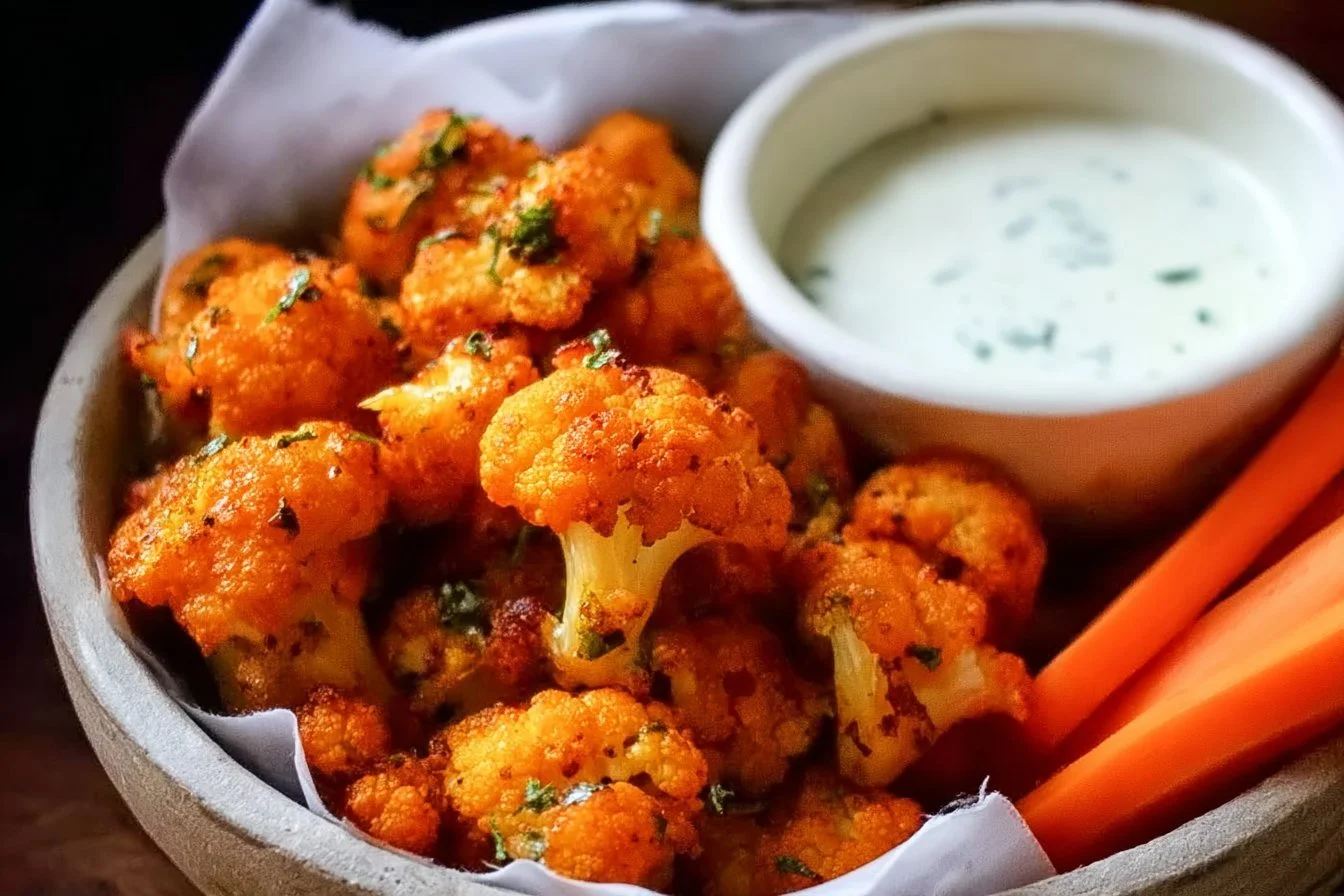 Baked Buffalo Cauliflower Bites served on a plate with dipping sauce.