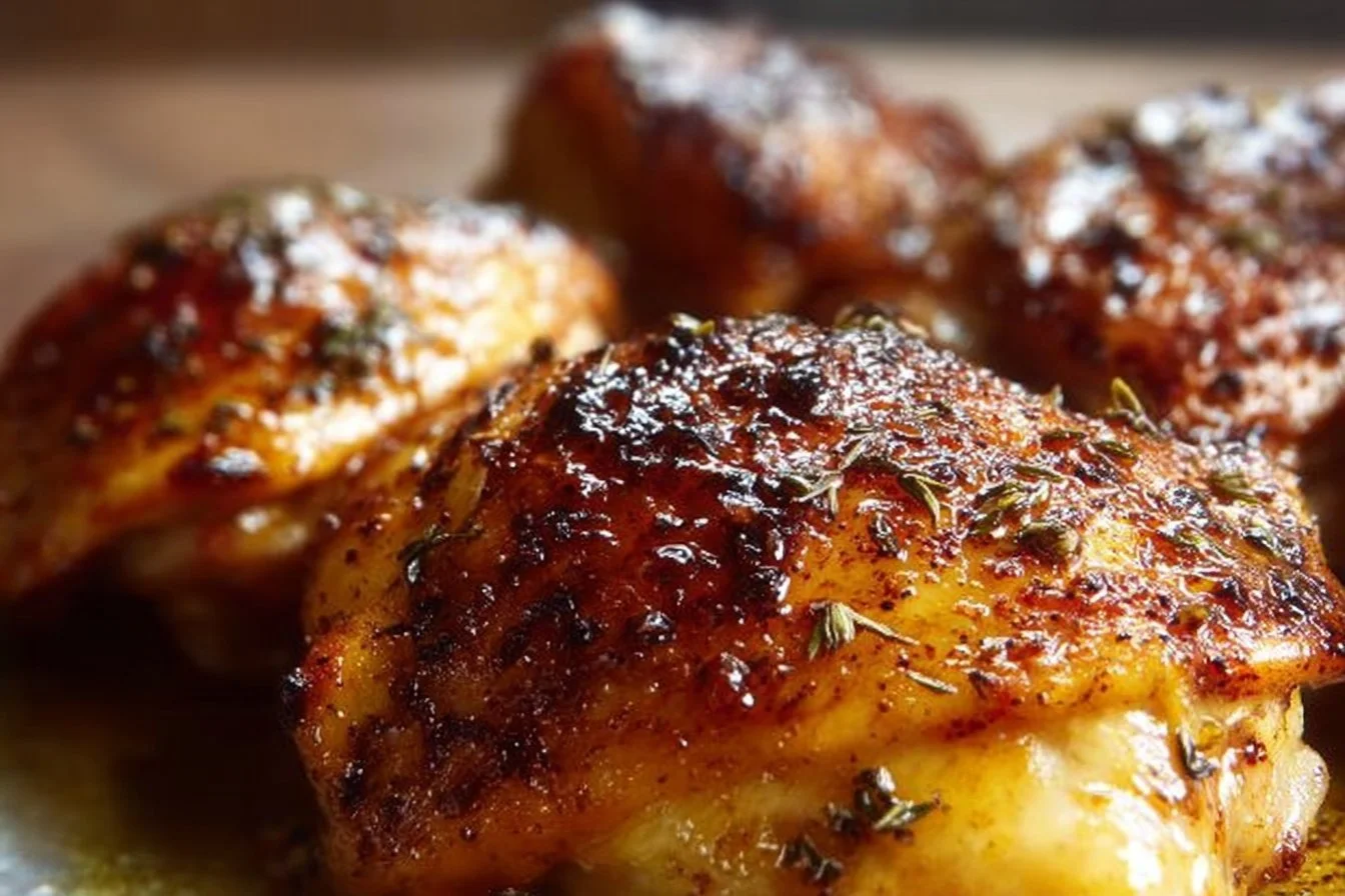 Baked Chicken Thighs 5 Deliciously seasoned baked chicken thighs ready to serve on a plate
