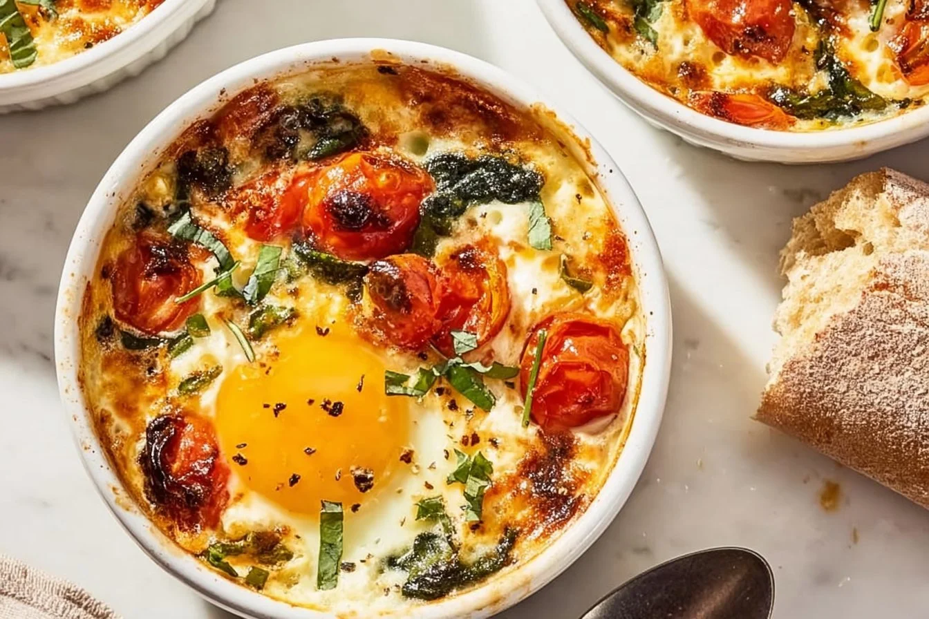 Baked feta eggs topped with tomatoes and spinach in a rustic dish