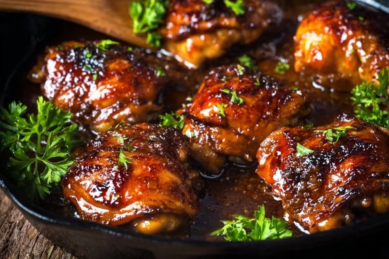 Baked honey garlic boneless chicken thighs served on a plate