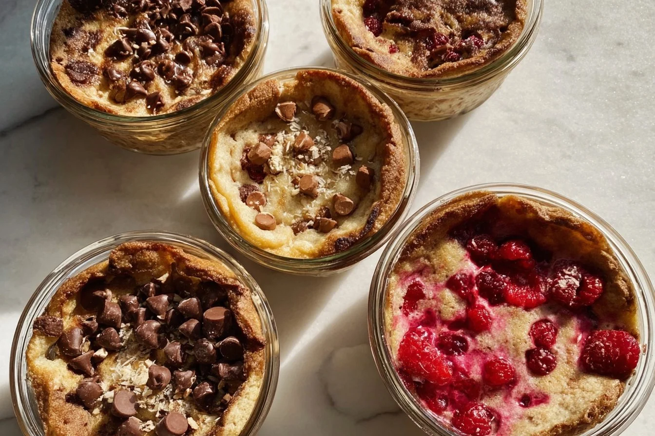 Baked Protein Pancake Bowls 4 Baked protein pancake bowls topped with fruits and nuts for a healthy breakfast.