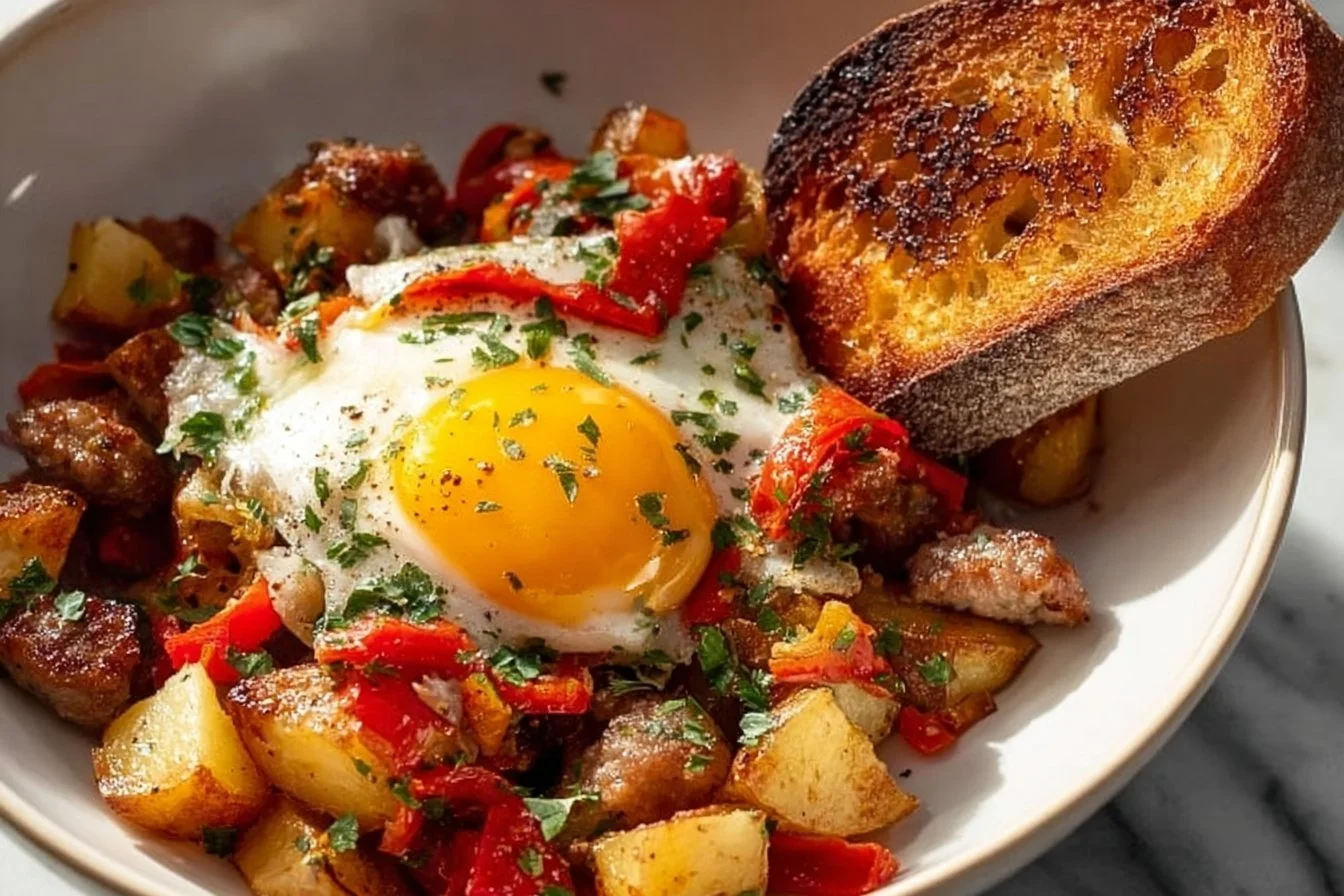 Delicious baked sausage breakfast hash with vegetables in a baking dish