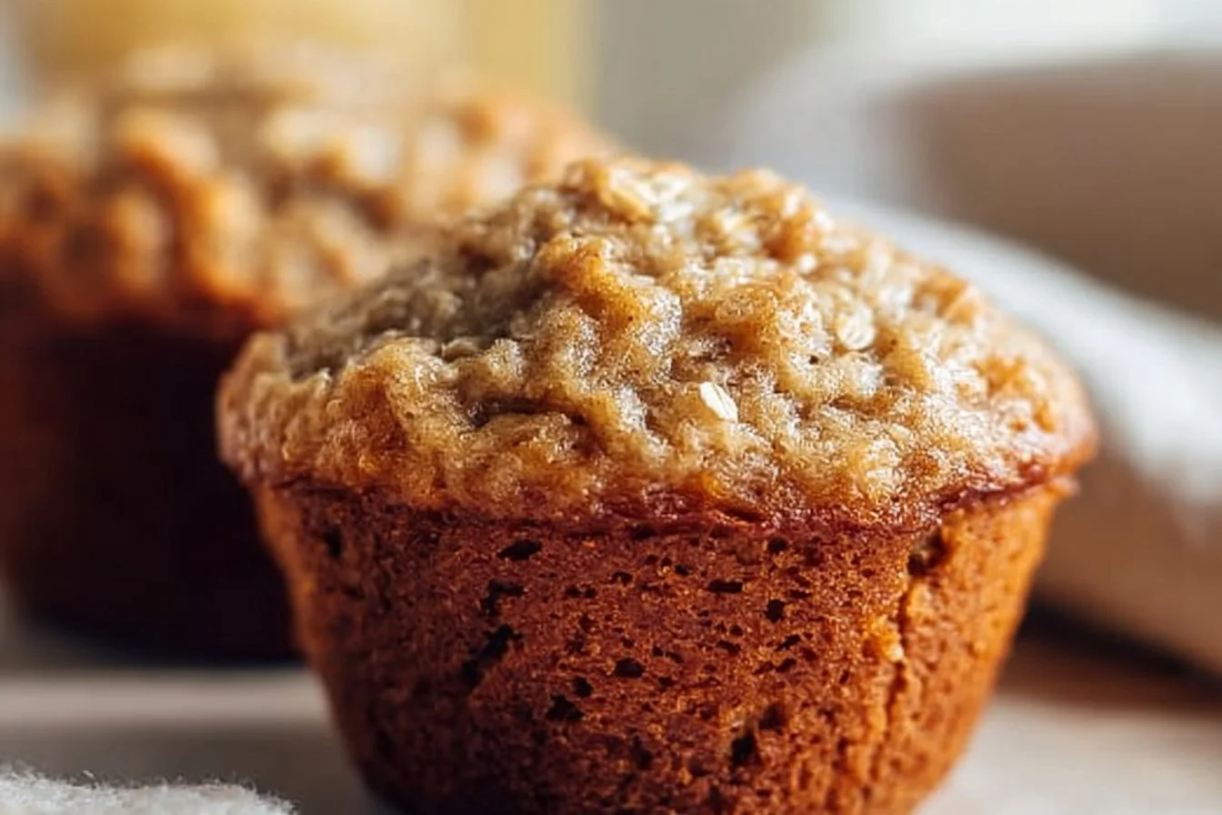 Freshly baked banana oatmeal muffins on a wooden table