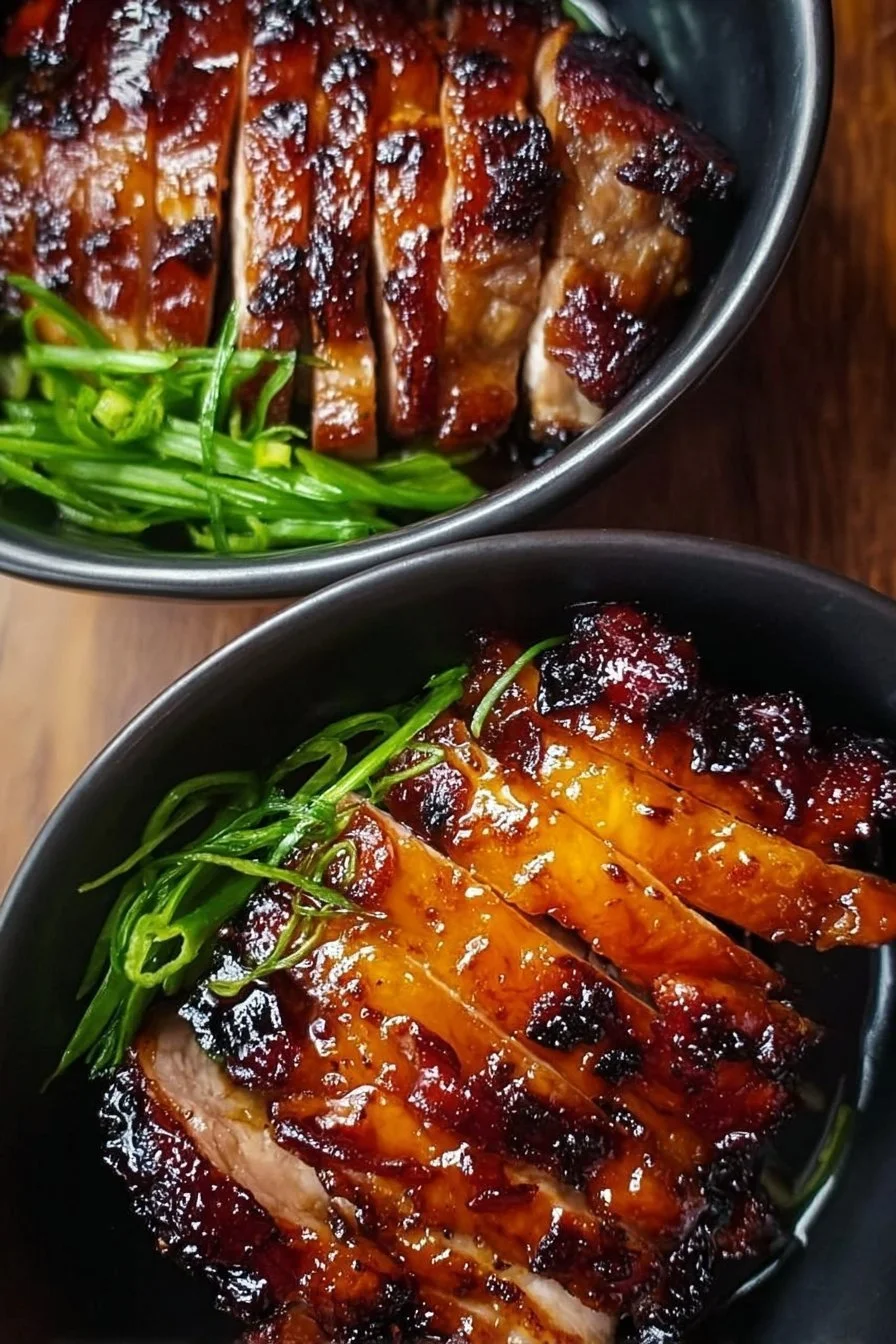 Delicious barbecued pork chicken on a grill, ready to be served.