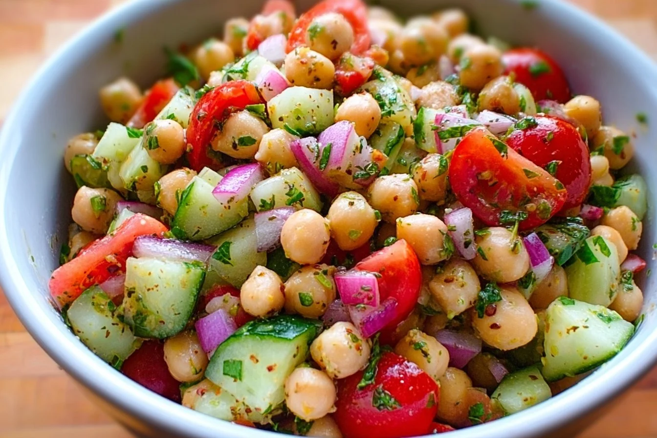 Delicious and colorful best chickpea salad with fresh vegetables and herbs