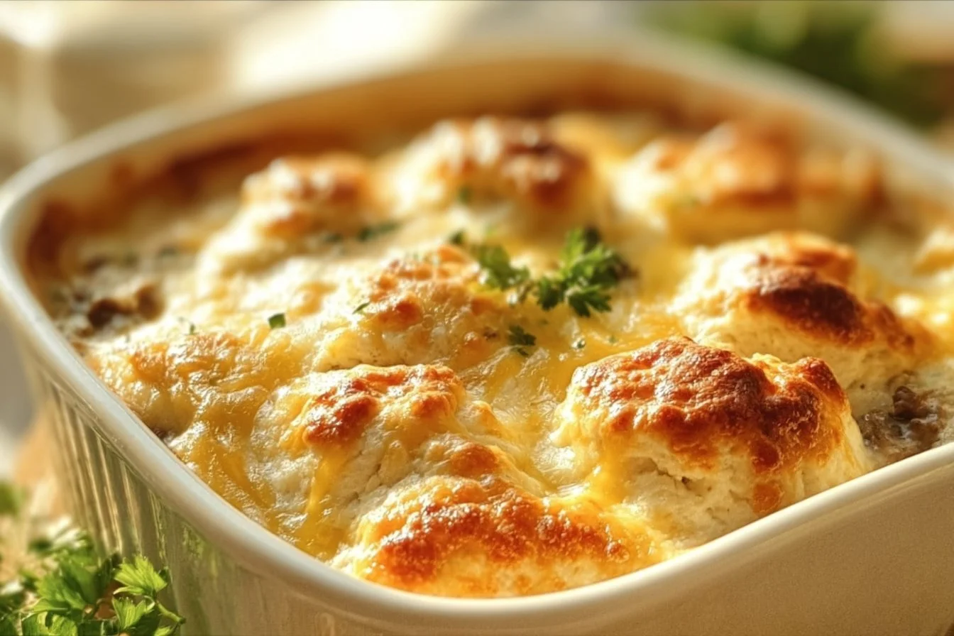 Biscuits and Gravy Breakfast Casserole served in a dish