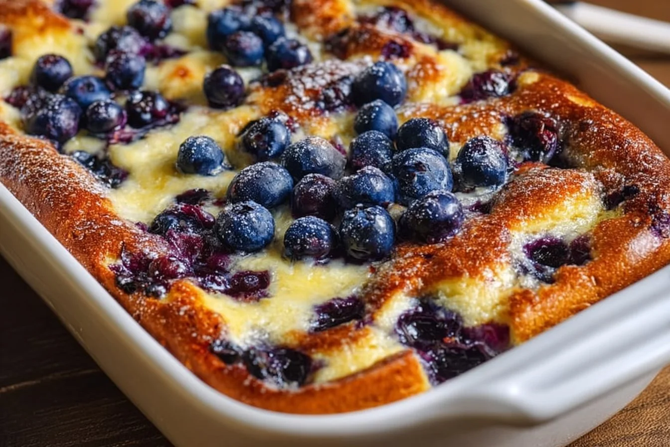 Blueberry Buttermilk Pancake Casserole 5 Blueberry Buttermilk Pancake Casserole topped with blueberries and syrup