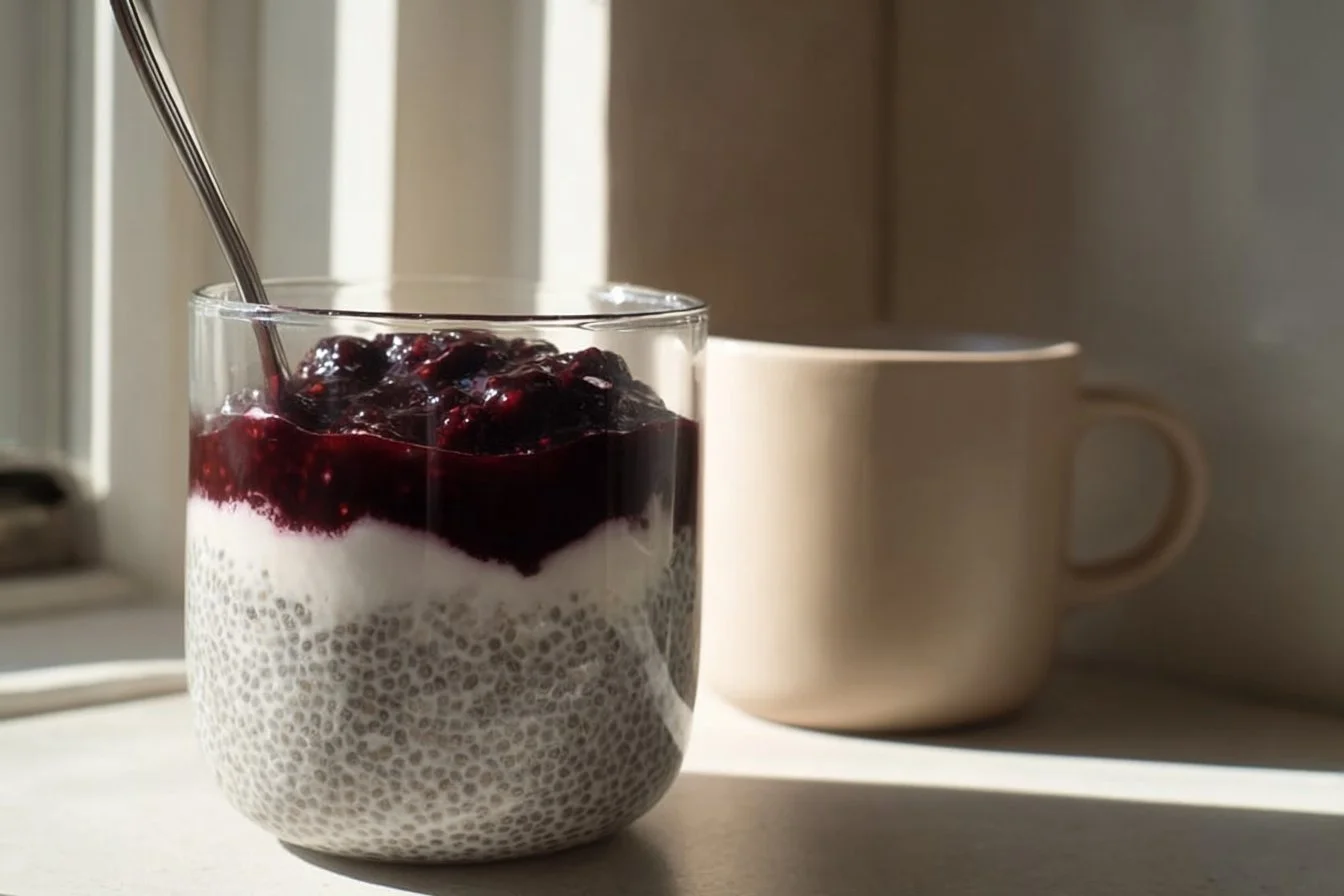 Delicious blueberry chia breakfast bowl topped with fresh blueberries and nuts.