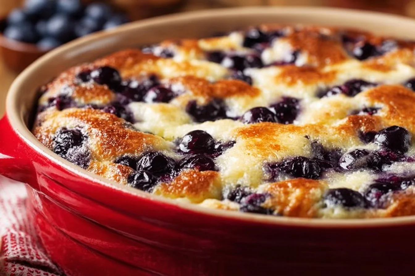 Blueberry Cottage Cheese Breakfast Bake served in a dish with fresh blueberries