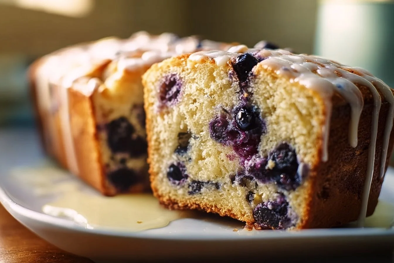 Freshly baked blueberry sourdough bread drizzled with lemon glaze on a wooden table