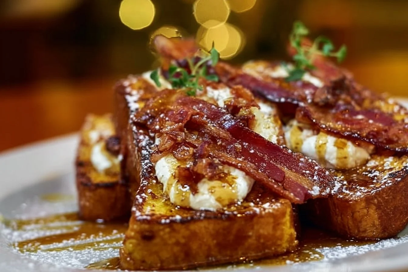 Bourbon Maple Bacon French Toast 4 Delicious Bourbon Maple Bacon French Toast topped with crispy bacon and syrup