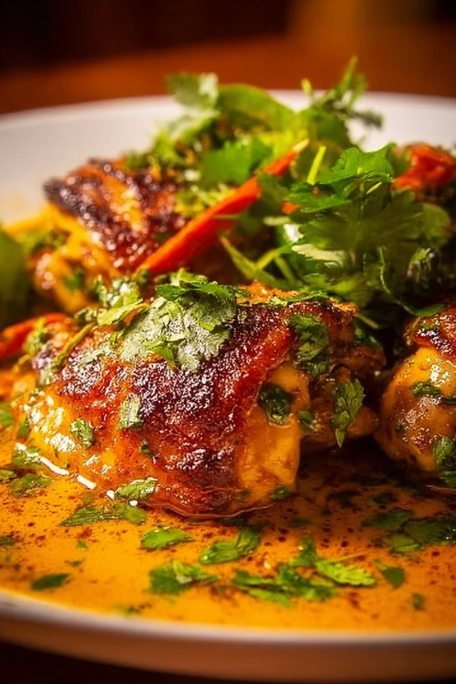 Delicious Brazilian Coconut Chicken served with fresh herbs and rice.